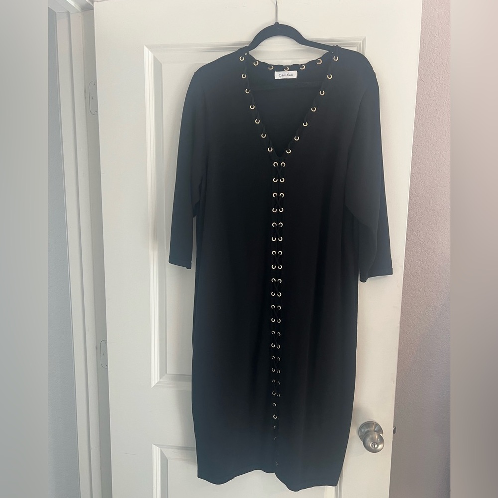 Calvin Klein Black V-neck 3/4 Sleeve lace -up Dress with Grommet Accents size 1X